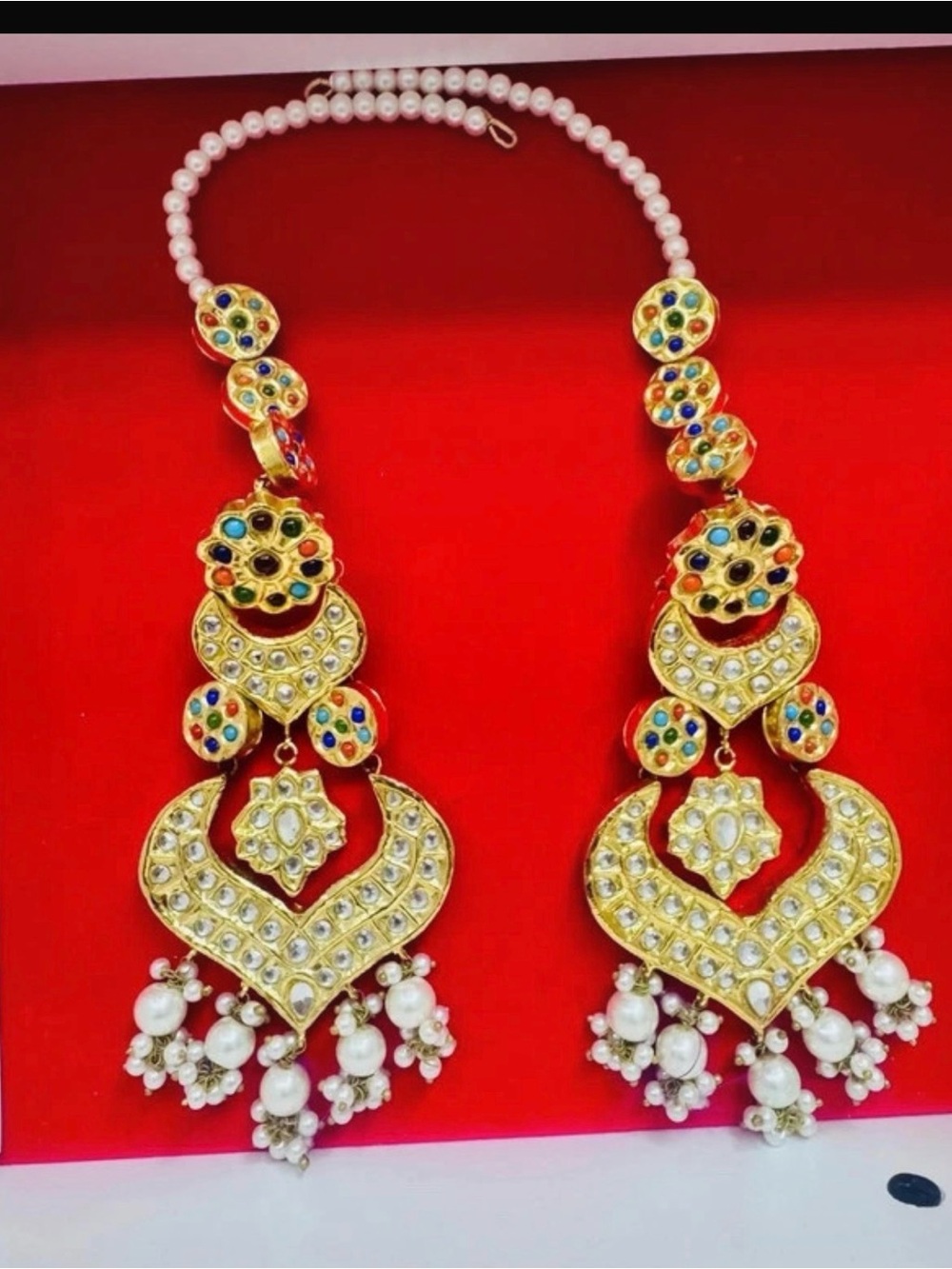 Gold-Tone Multicolor Kundan Pearl Drop Earrings